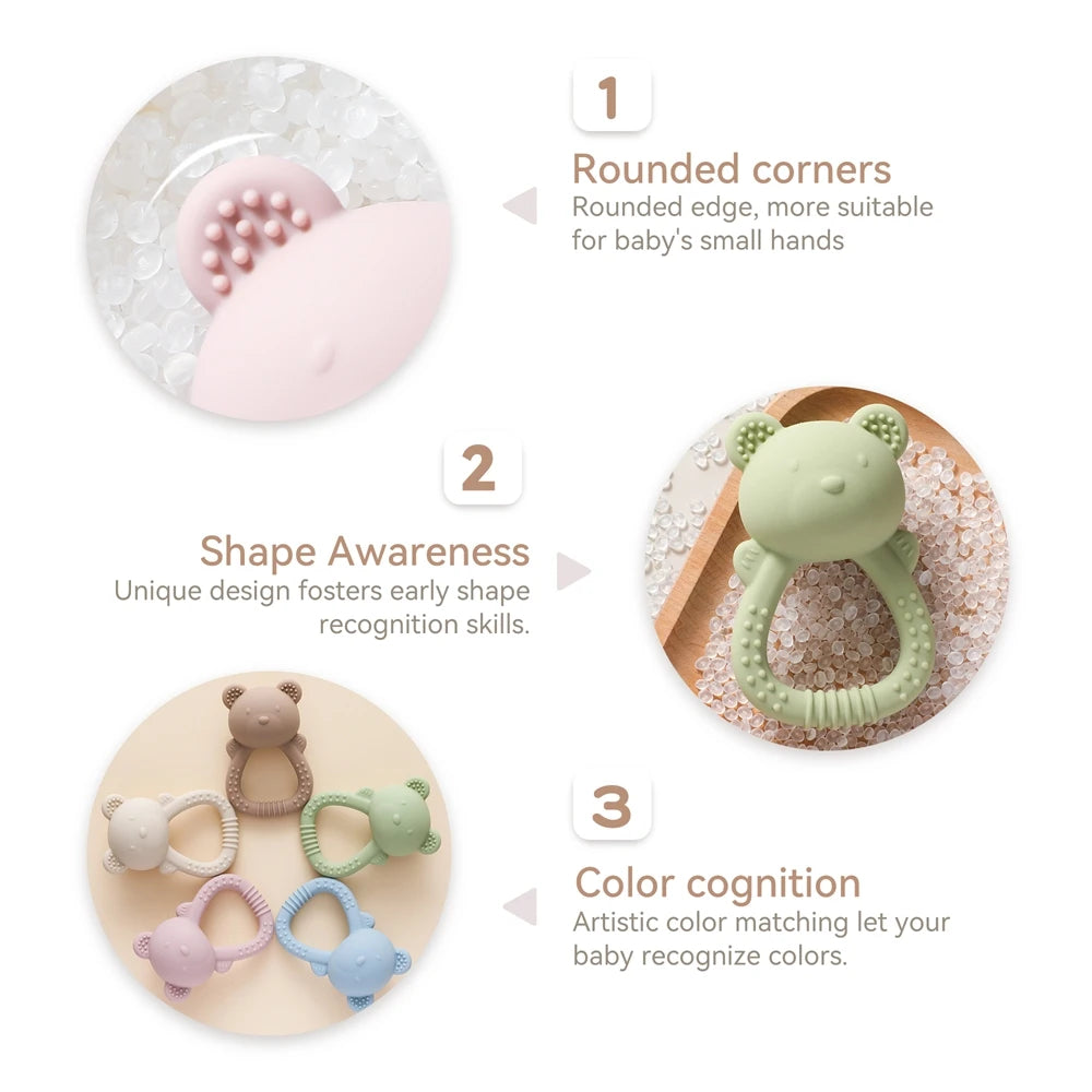 Bear-Shaped Silicone Baby Teether with Rattle Handle