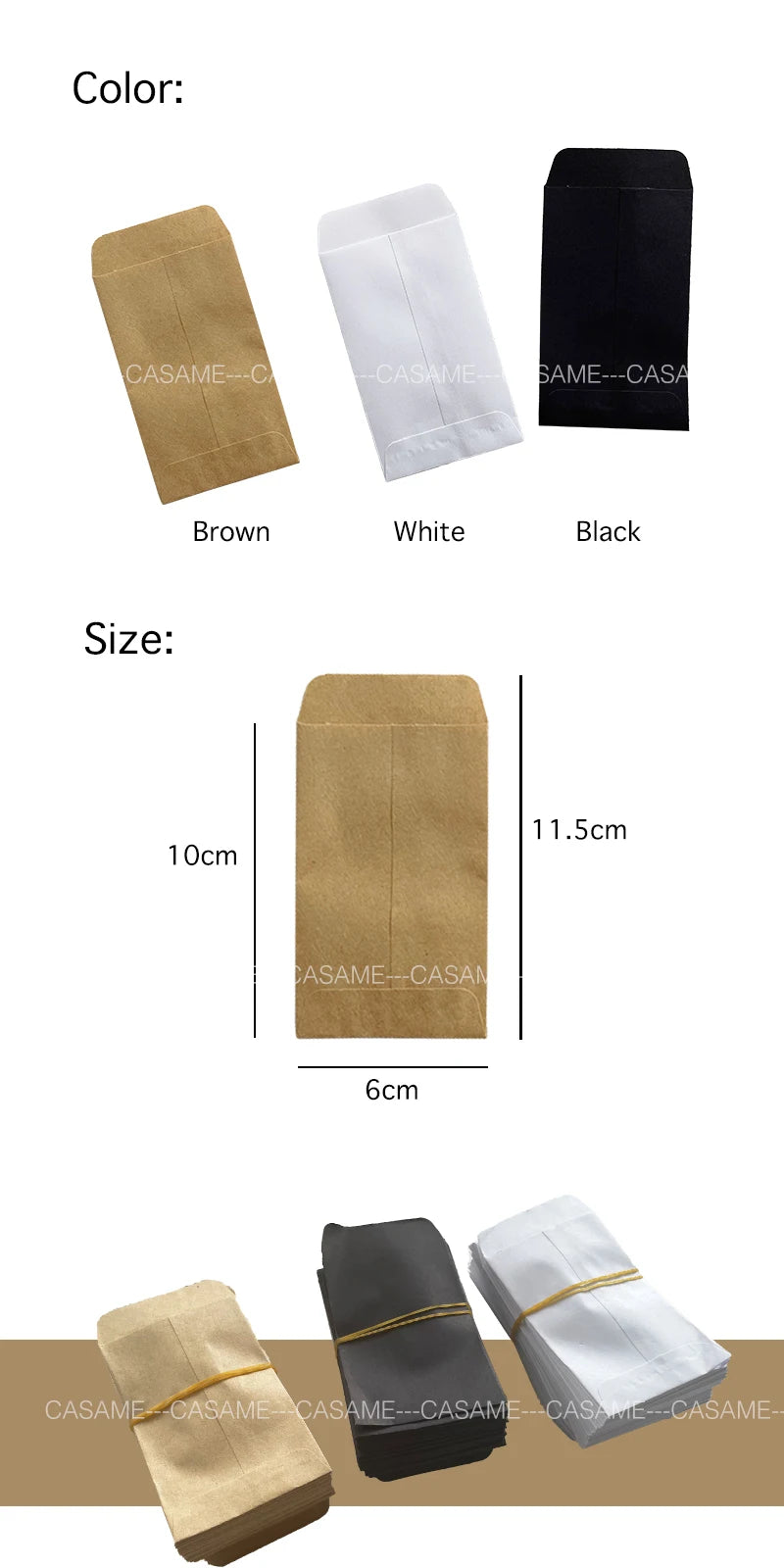 Three mini kraft paper gift bags in brown, white, and black colors shown with size reference.