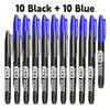A set of 20 permanent fine-tip markers, 10 black and 10 blue, shown vertically.