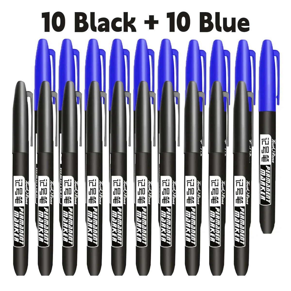 A set of 20 permanent fine-tip markers, 10 black and 10 blue, shown vertically.