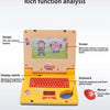 A toddler learning laptop toy featuring a screen, keyboard, mouse, and stickers for fun analysis.