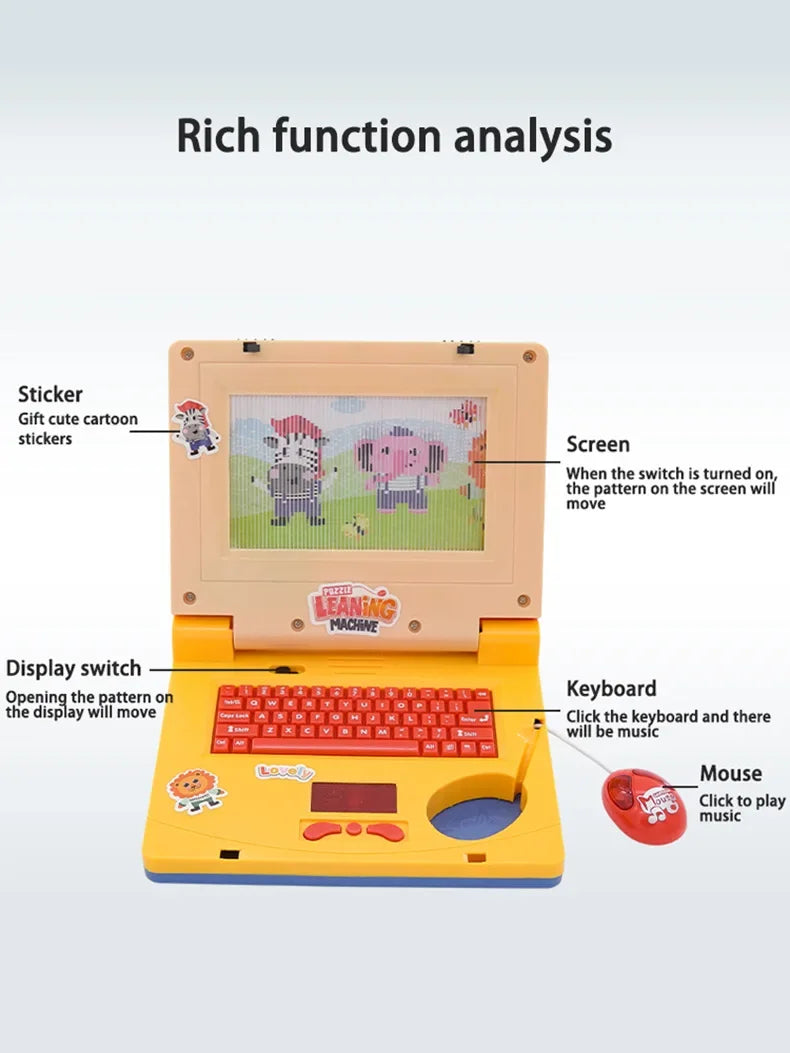 A toddler learning laptop toy featuring a screen, keyboard, mouse, and stickers for fun analysis.