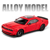 A red diecast model of a Dodge Challenger SRT Hellcat sports car.