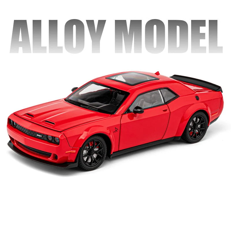 A red diecast model of a Dodge Challenger SRT Hellcat sports car.