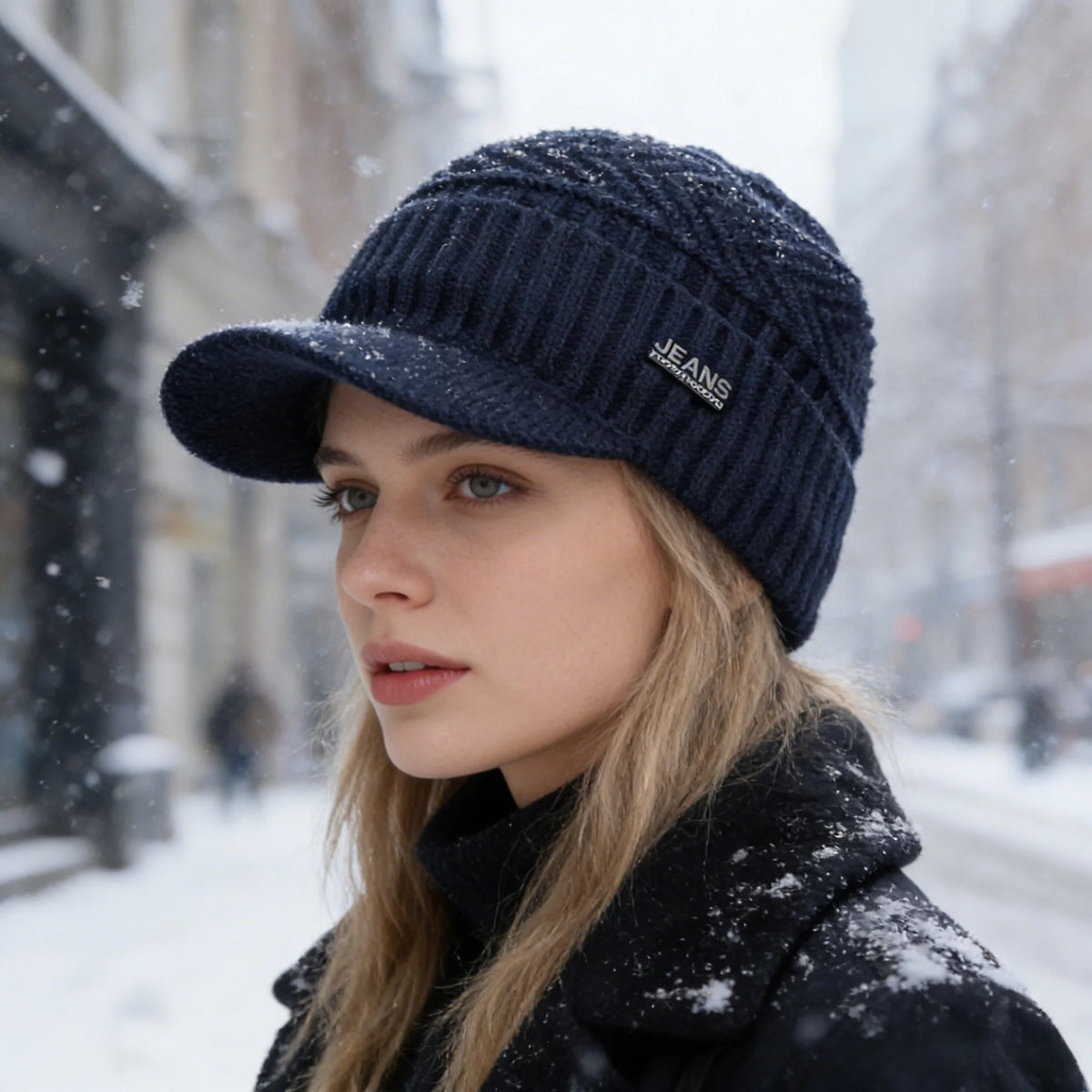 A woman wearing a dark blue knit beanie with a brim and a black coat in a snowy outdoor setting.