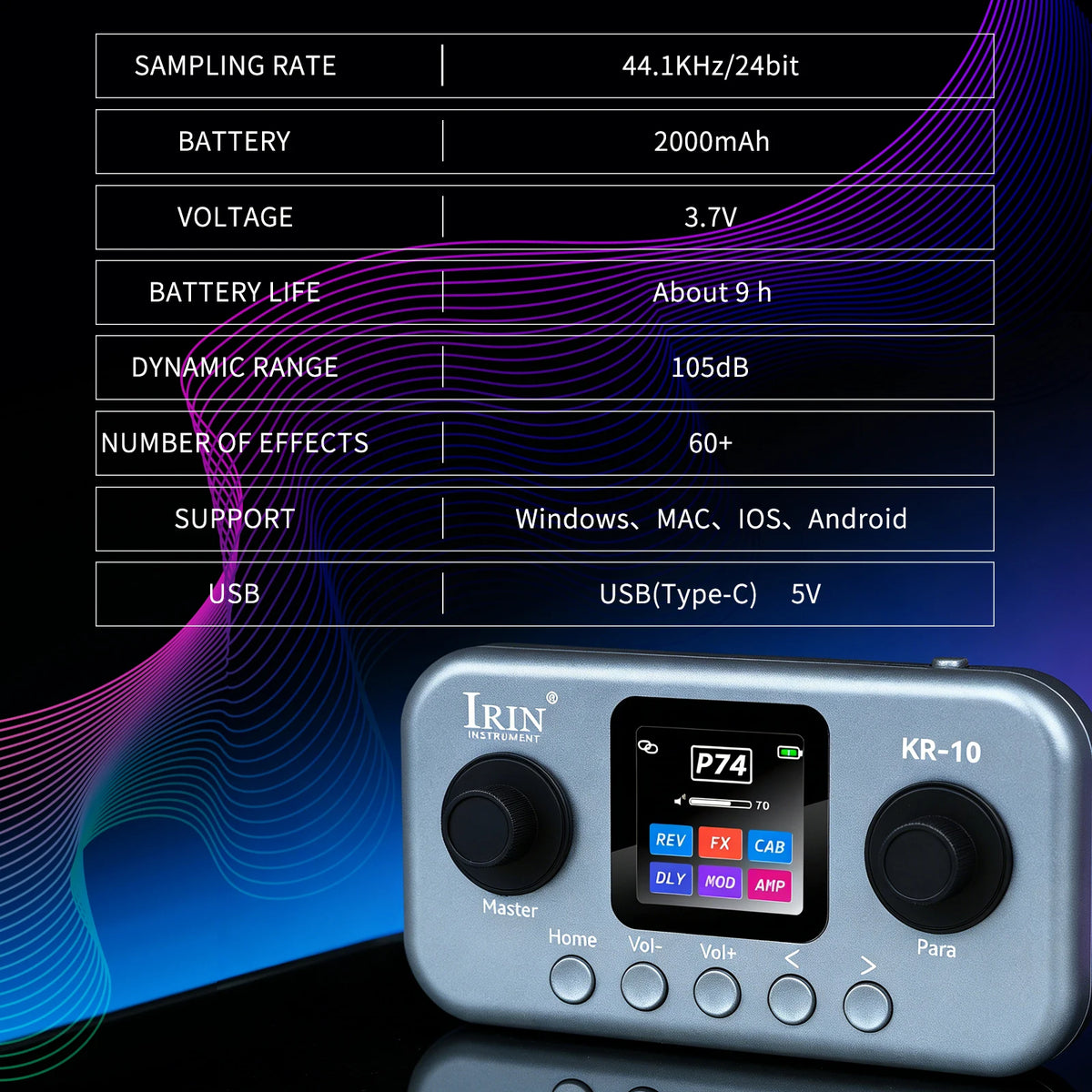 A silver portable multi-effects processor with a digital display and control buttons is shown against a dark background.