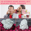 A man and woman are shown using a 3D stereo hand model DIY making powder kit to create keepsake hands.