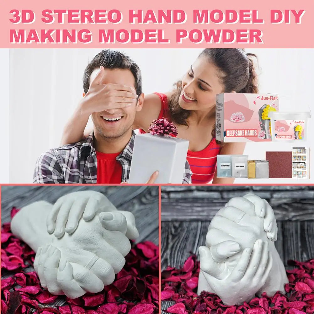 A man and woman are shown using a 3D stereo hand model DIY making powder kit to create keepsake hands.