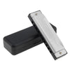 Silver 10-hole diatonic harmonica in C with a black protective case.