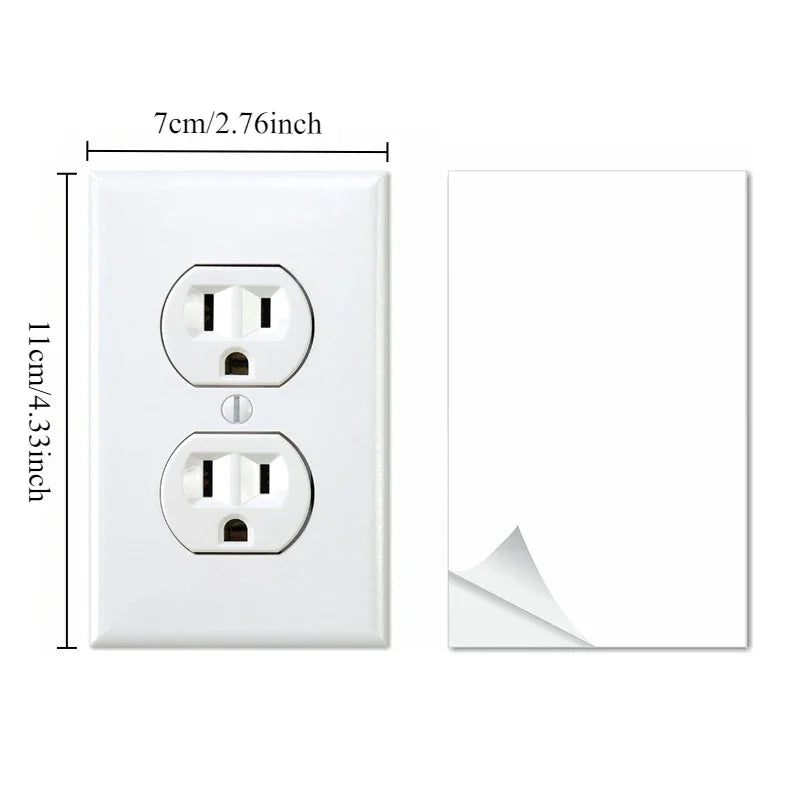 A white wall outlet sticker featuring two electrical outlets, measuring 7cm by 11cm.