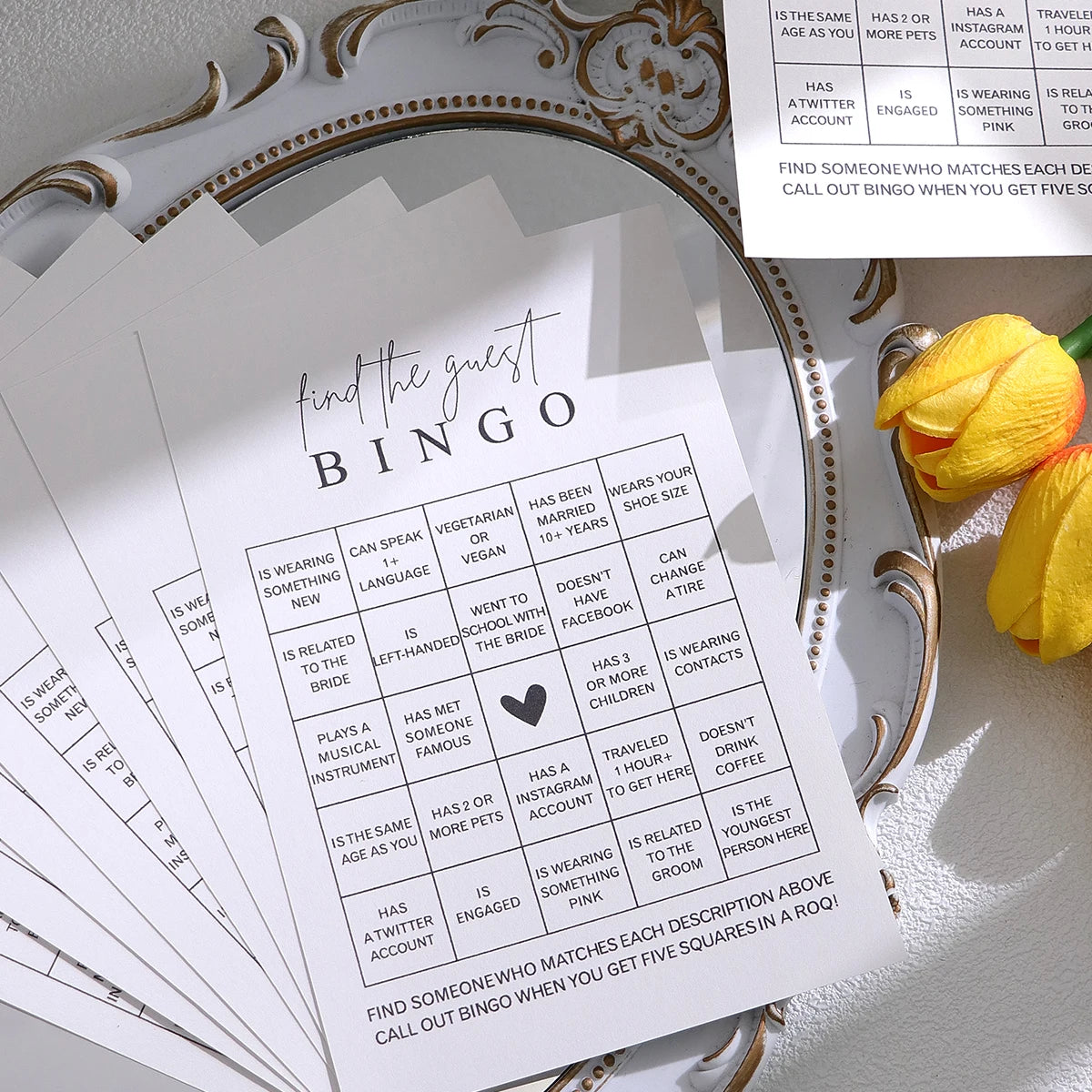 A bingo card for a bridal shower game titled Find the Guest Bingo featuring squares with relationship and personal details