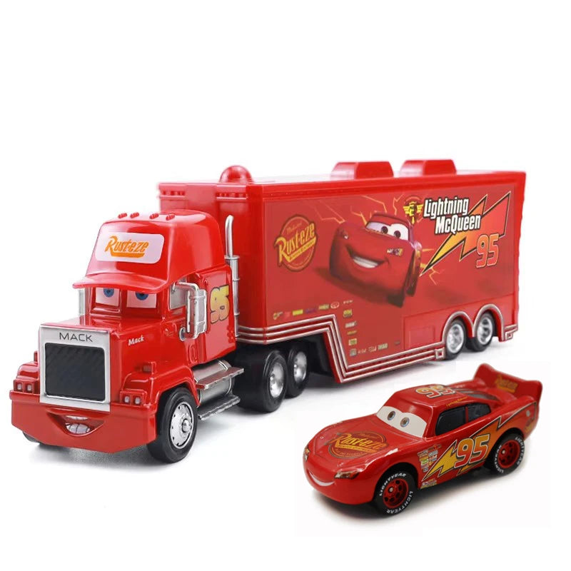 Red Lightning McQueen diecast toy hauler truck with a red trailer and racing number 95