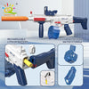 A white and blue rechargeable water blaster toy gun with an orange barrel and two storage capacities for water.