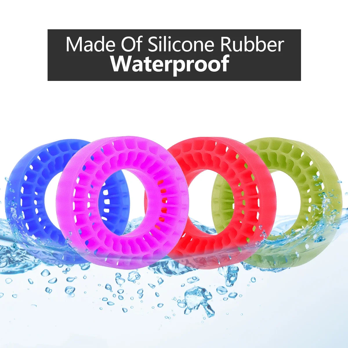 Colorful silicone rubber tire inserts floating in water, demonstrating waterproof properties.