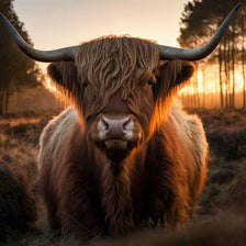 A close-up portrait of a Highland cow with large horns standing in a field at sunset.