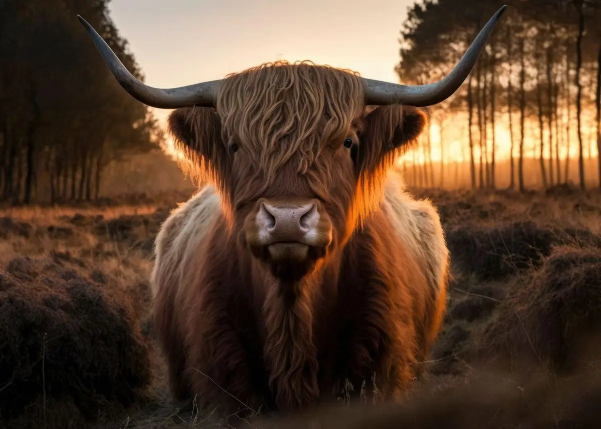 A close-up portrait of a Highland cow with large horns standing in a field at sunset.