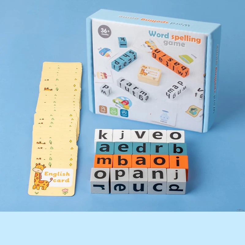 A box of a wooden word spelling game with letter tiles and cards is shown next to the game components.