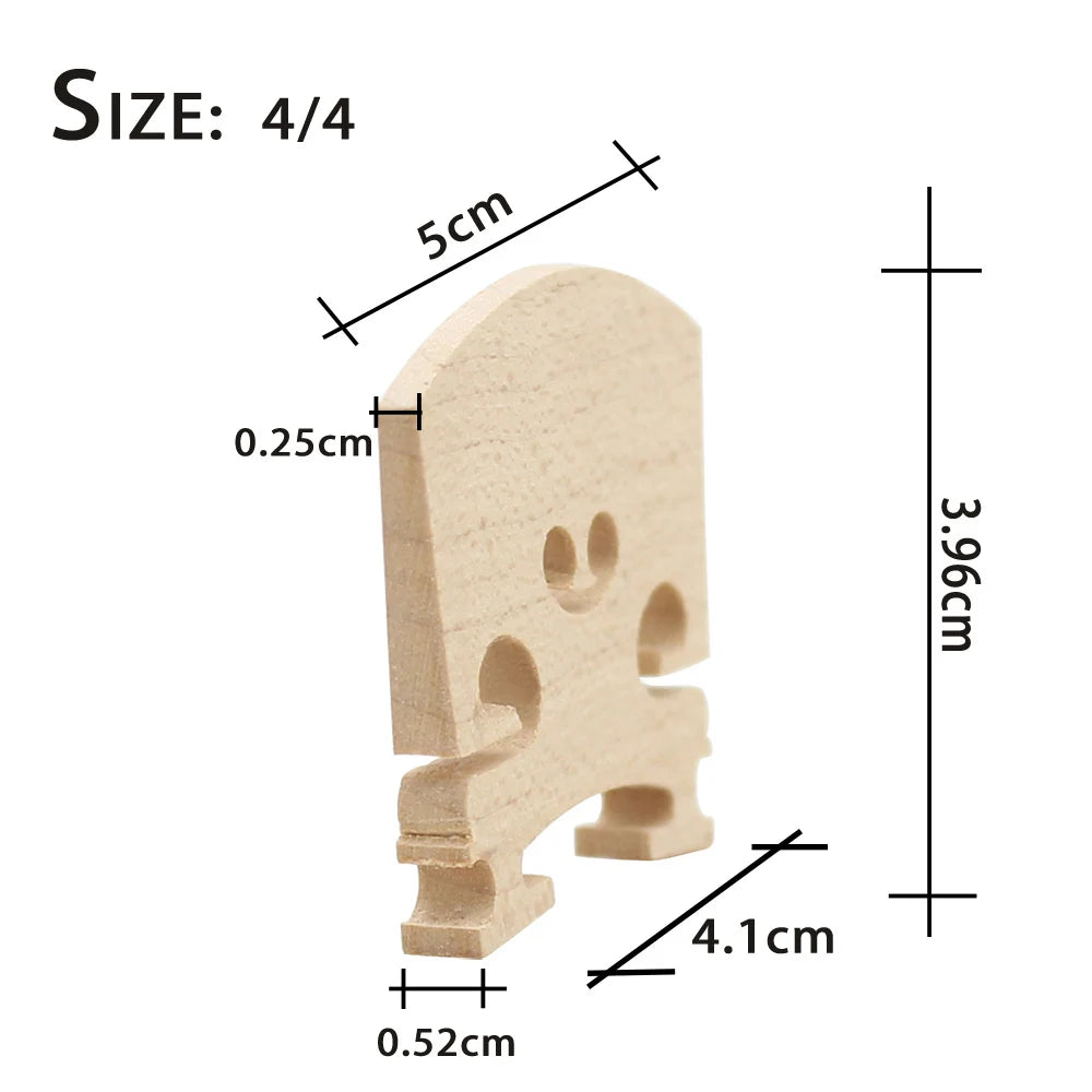 A light wood violin bridge for a 4/4 instrument, showing its dimensions and shape.