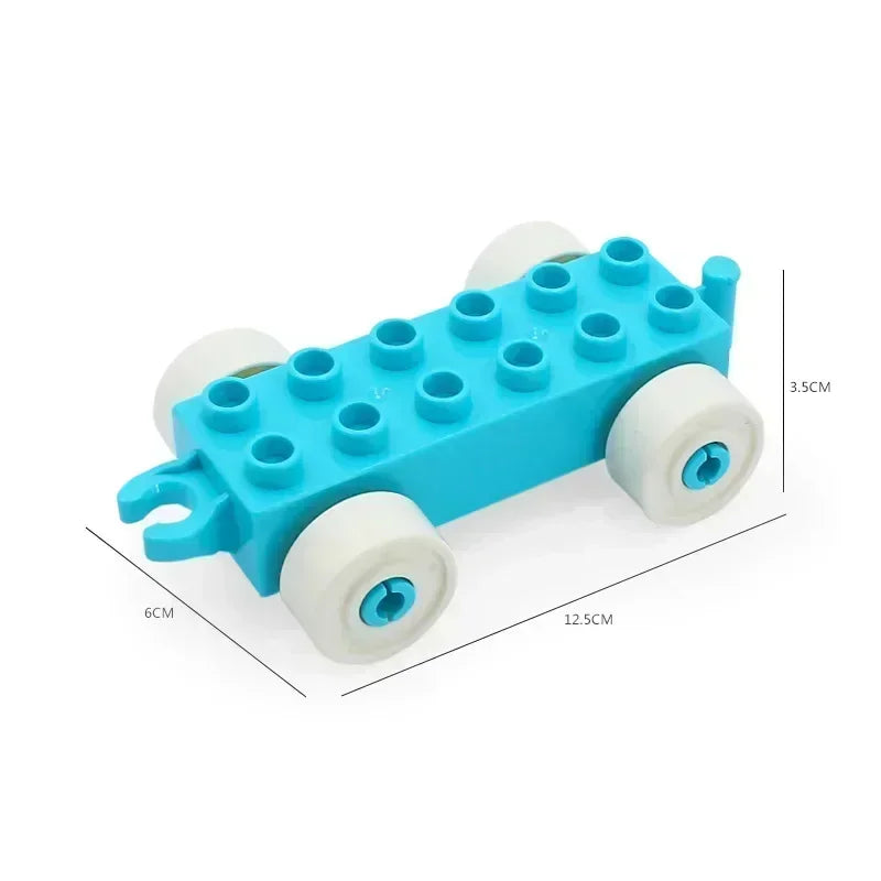 A blue city traffic vehicle building block set featuring trucks and buses with wheels.