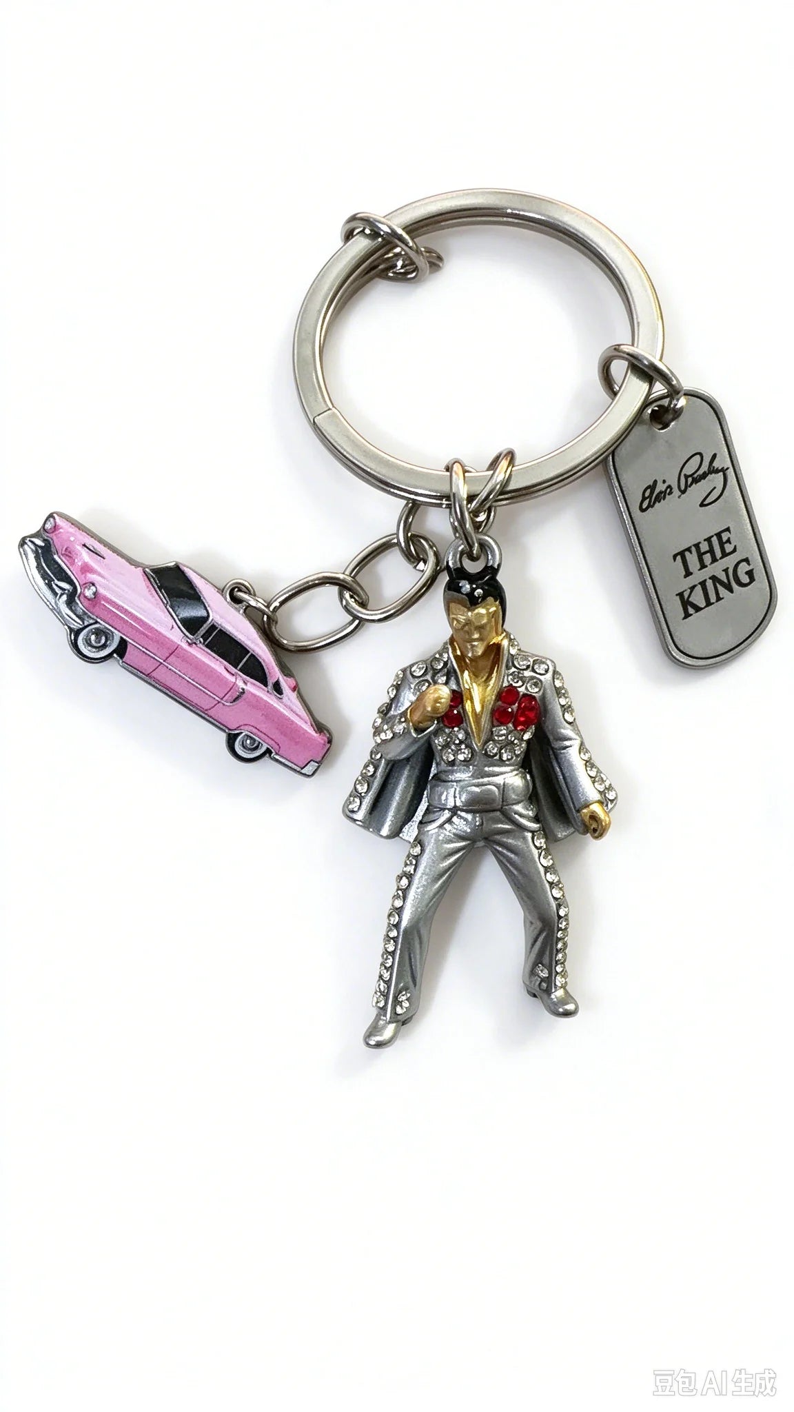 A keychain featuring a figurine of Michael Jackson in a suit and a pink car, attached to a metal buckle.