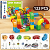A set of 123 magnetic building blocks forming a colorful train track and various components for a model train set.