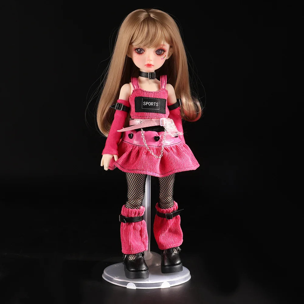 A pink doll wearing a sports outfit and boots displayed on a clear stand.