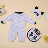 A white and purple patterned animal romper set for a baby, including a full-body suit and a separate hood.