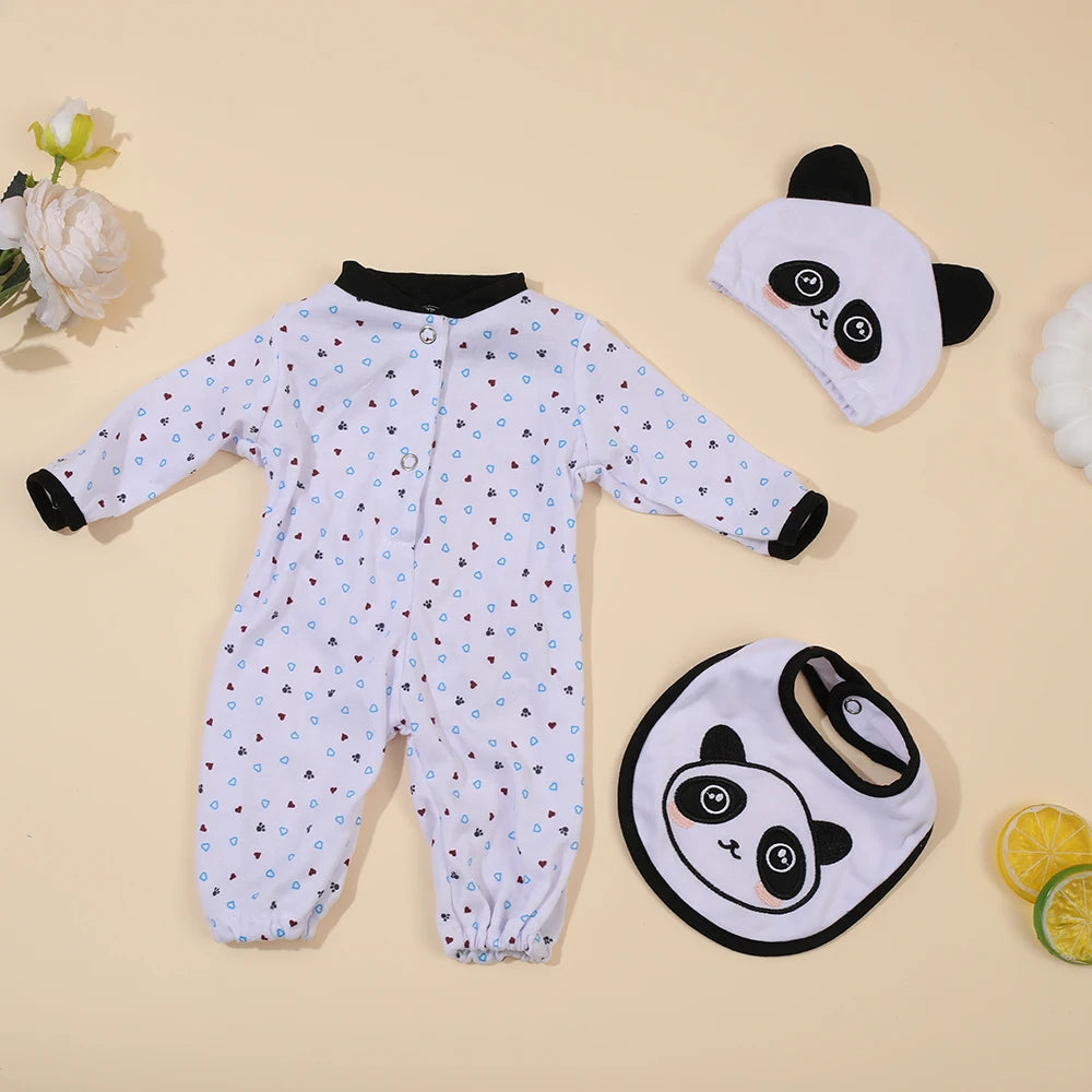 A white and purple patterned animal romper set for a baby, including a full-body suit and a separate hood.