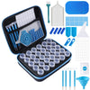 A complete diamond painting toolkit with a storage case featuring various tools, jars, and grids.