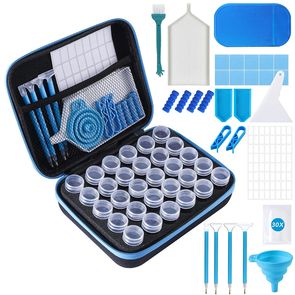 A complete diamond painting toolkit with a storage case featuring various tools, jars, and grids.