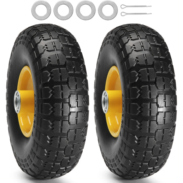 A pair of heavy-duty solid PU run-flat tires with black treads and yellow hubs are shown.