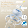 A white anti-flatulence system baby bottle with a handle is shown demonstrating gas-liquid separation.