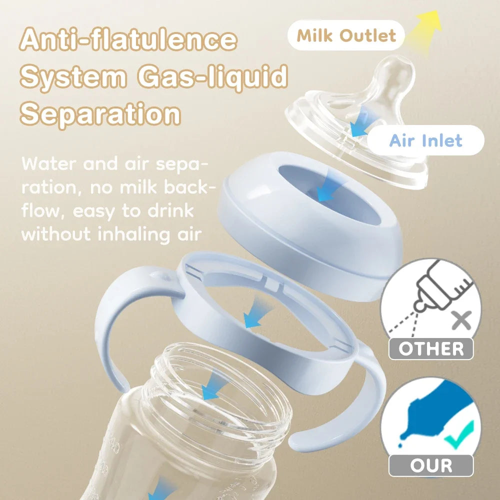 A white anti-flatulence system baby bottle with a handle is shown demonstrating gas-liquid separation.