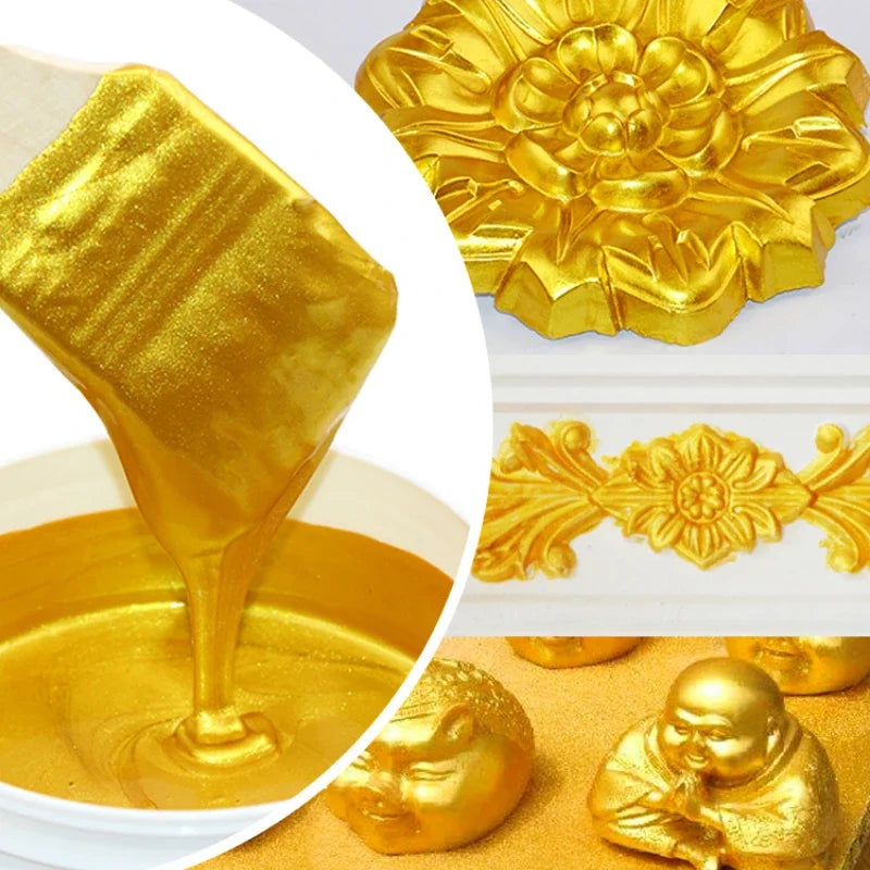 Gold glitter paint being poured into a white container, next to decorative gold accents and small golden figures.