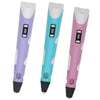 Three versions of a kids 3D printing pen with LCD display and PLA filament in purple, teal, and pink.
