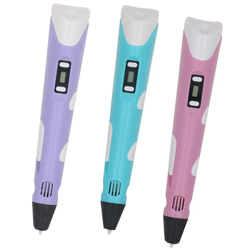 Three versions of a kids 3D printing pen with LCD display and PLA filament in purple, teal, and pink.