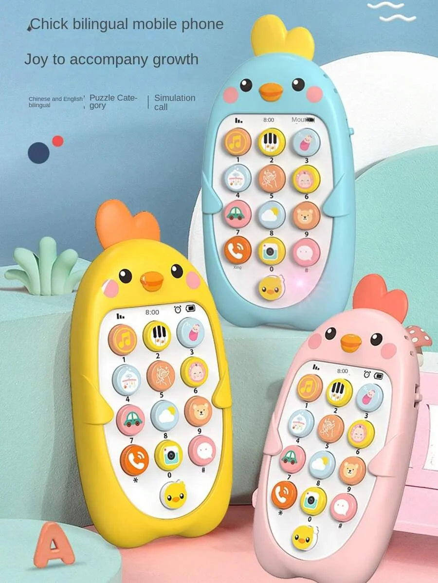 Three colorful silicone mobile phones shaped like chicks with buttons and puzzle elements for toddlers