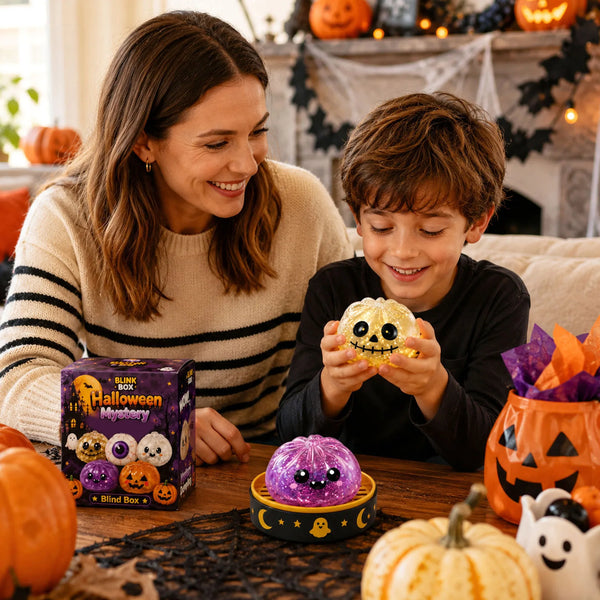 A woman and a boy are looking at a Halloween squeeze decompression toy on a wooden table.