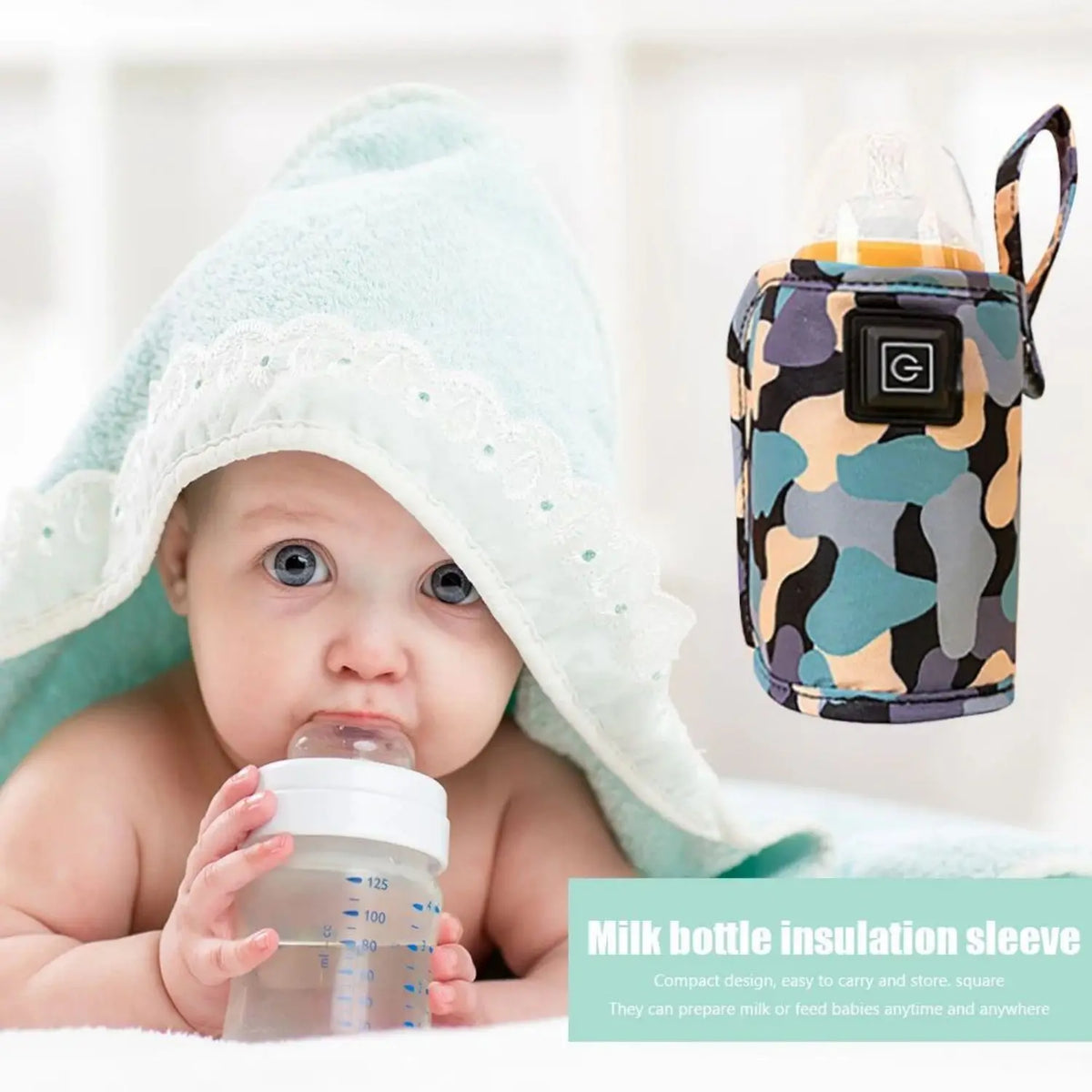 A baby is using a milk bottle insulation sleeve while being covered by a light blue towel.