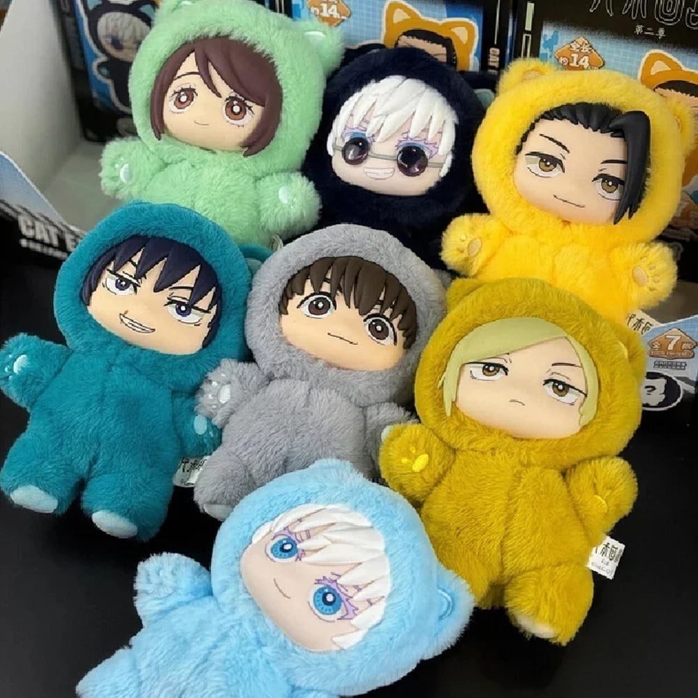 A collection of blind box mystery collectible plushies featuring characters from Jujutsu Kaisen in various colors and styles.