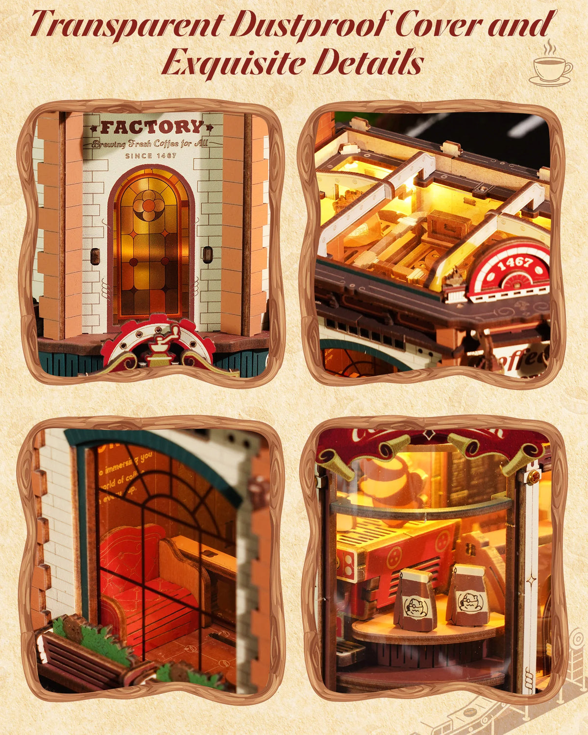 A transparent dustproof cover and exquisite details of a wooden 3D puzzle music box model kit labeled Factory Since 1487.
