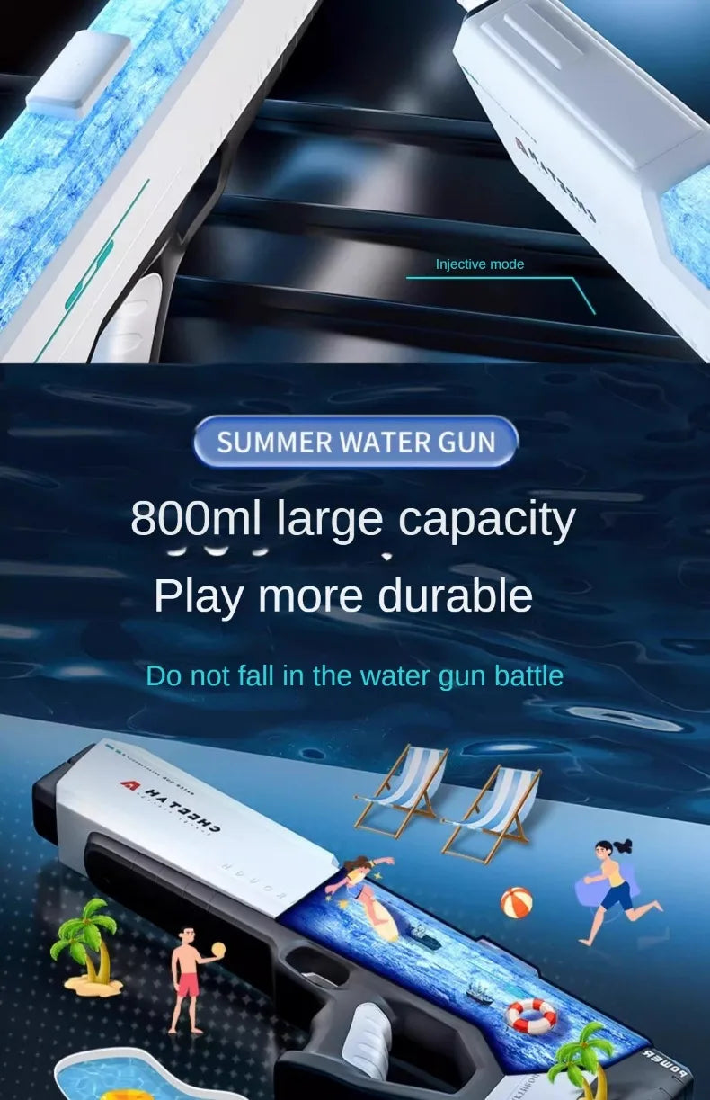 A white high-pressure electric water gun is shown in use, with a large capacity and various accessories.