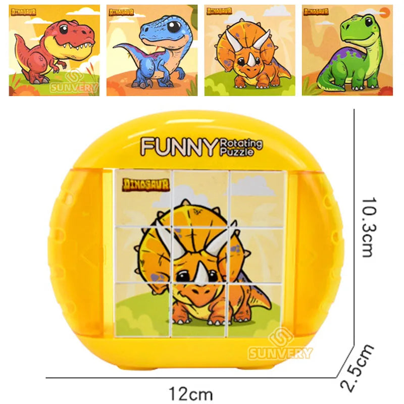 Yellow rotating puzzle featuring a dinosaur, designed as an educational fidget toy for children.