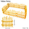 A yellow miniature farm fence set consisting of ten wooden stakes for use in sand tables and dioramas.