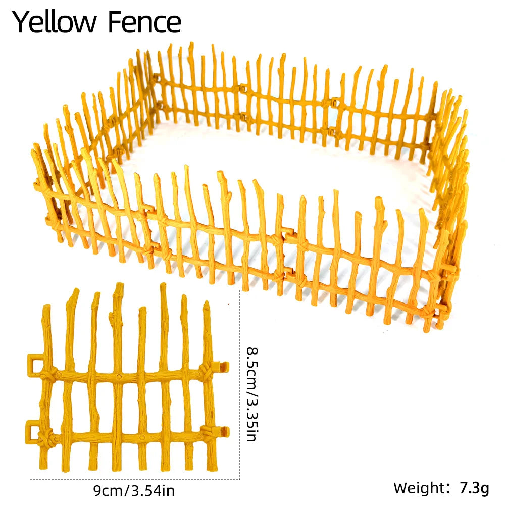 A yellow miniature farm fence set consisting of ten wooden stakes for use in sand tables and dioramas.