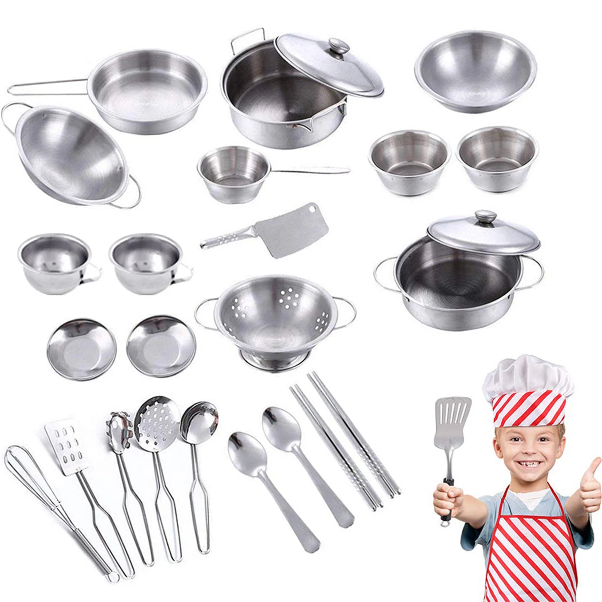 A collection of 25 stainless steel cookware pieces including pots, pans, spoons, and spatulas for a play kitchen set.