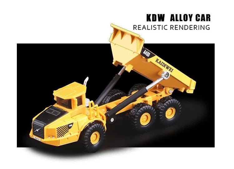 A yellow KDW Alloy car realistic rendering of a dump truck model.