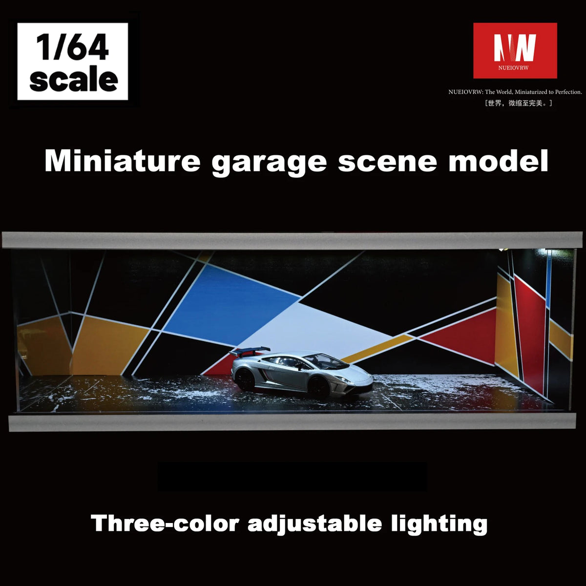 A miniature garage scene model featuring a car displayed in an acrylic showcase with three-color adjustable lighting.
