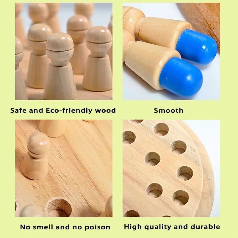Wooden memory match sticks with blue and natural wood grips shown alongside a wooden chess piece and a wooden board.