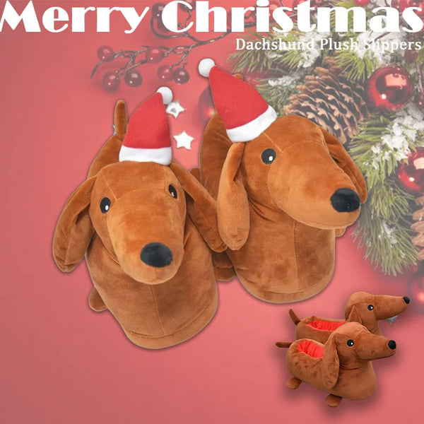 Two plush dachshund slippers wearing Santa hats are displayed against a festive Christmas background.